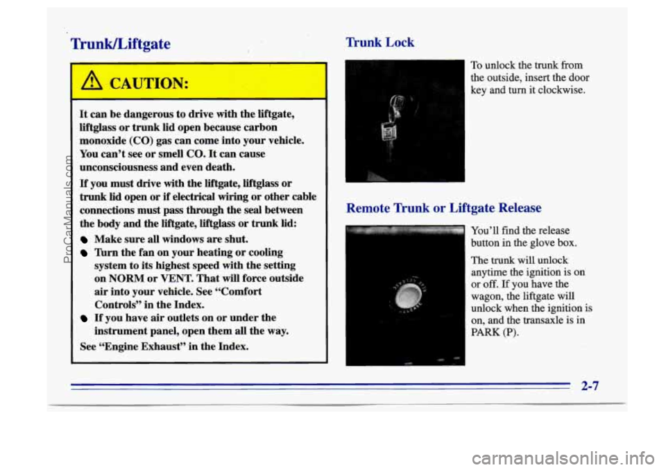 BUICK CENTURY 1996  Owners Manual TrunkLiftgate Trunk Lock 
- ~- c- 
A CAUTION: 
It can be dangerous to  drive with the liftgate, 
liftglass  or  trunk  lid open because  carbon 
monoxide  (CO)  gas can come into your  vehicle. 
You  