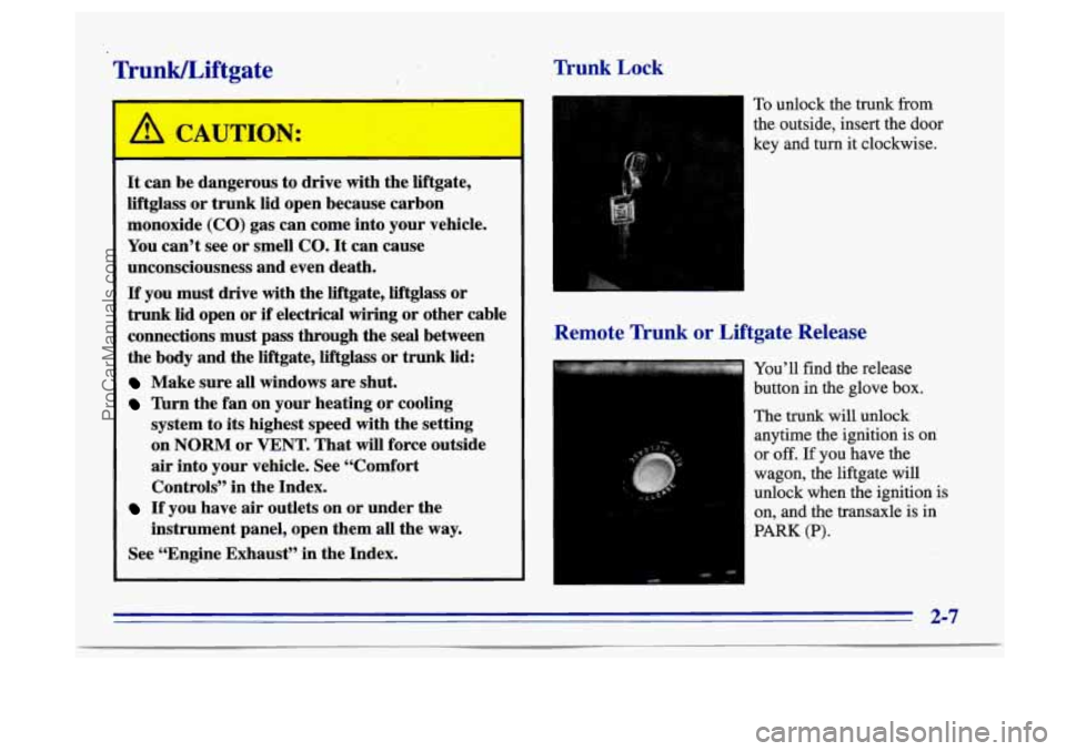 BUICK CENTURY 1996 Repair Manual TrunkLiftgate Trunk Lock
- ~- c-
A CAUTION:
It can be dangerous to drive with the liftgate,
liftglass or trunk lid open because carbon
monoxide (CO) gas can come into your vehicle.
You BUICK CENTURY 1996 Repair Manual TrunkLiftgate Trunk Lock
- ~- c-
A CAUTION:
It can be dangerous to drive with the liftgate,
liftglass or trunk lid open because carbon
monoxide (CO) gas can come into your vehicle.
You