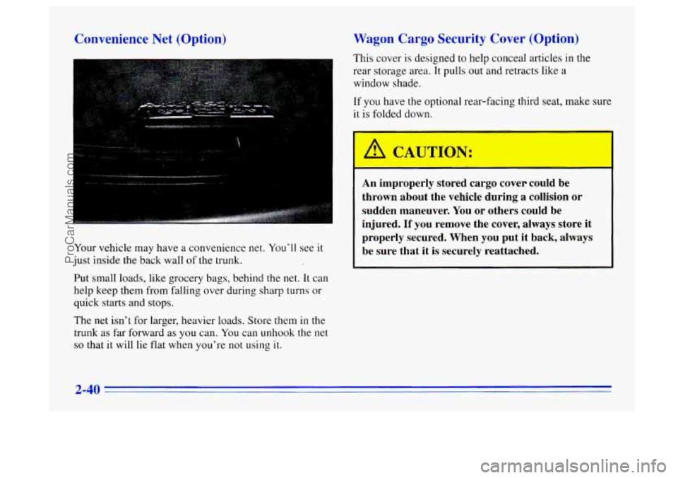 BUICK CENTURY 1996 Owners Manual Convenience Net (Option)
Your vehicle may have a convenience net. Youll see it
just inside the back wall of the trunk.
Put small loads, like grocery bags, behind the net.
It can
help keep BUICK CENTURY 1996 Owners Manual Convenience Net (Option)
Your vehicle may have a convenience net. Youll see it
just inside the back wall of the trunk.
Put small loads, like grocery bags, behind the net.
It can
help keep