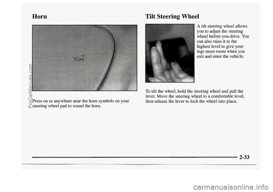 BUICK CENTURY 1997  Owners Manual Horn Tilt  Steering  Wheel 
A tilt steering  wheel allows 
you  to adjust  the steering 
wheel  before  you drive.  You 
can  also  raise  it 
to the 
highest  level  to give  your 
legs  more  room  