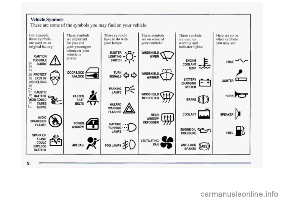 BUICK CENTURY 1997  Owners Manual Vehicle Symbols 
These  are  some of the symbols you may find on your vehicle. 
For example, 
these symbols 
are  used  on  an 
original  battery: 
POSSIBLE A 
CAUTION 
INJURY 
PROTECT  EYES 
BY 
SHIE