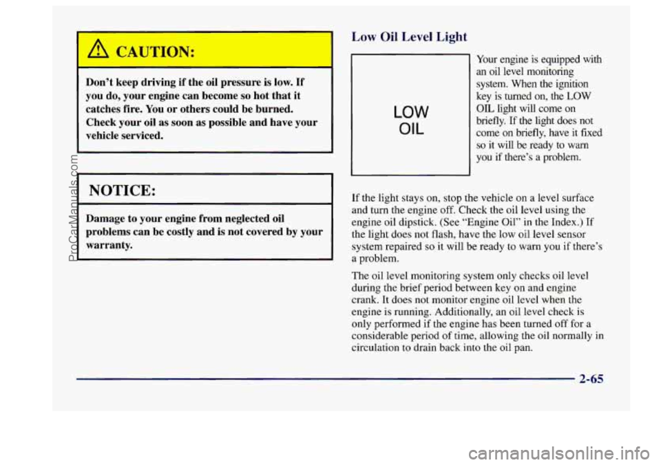 BUICK CENTURY 1997  Owners Manual Low Oil Level Light 
Don’t keep driving  if the  oil pressure is low. If 
you  do,  your engine  can become so hot that  it 
catches  fire. You or others  could  be  burned. 
Check  your oil 
as soo