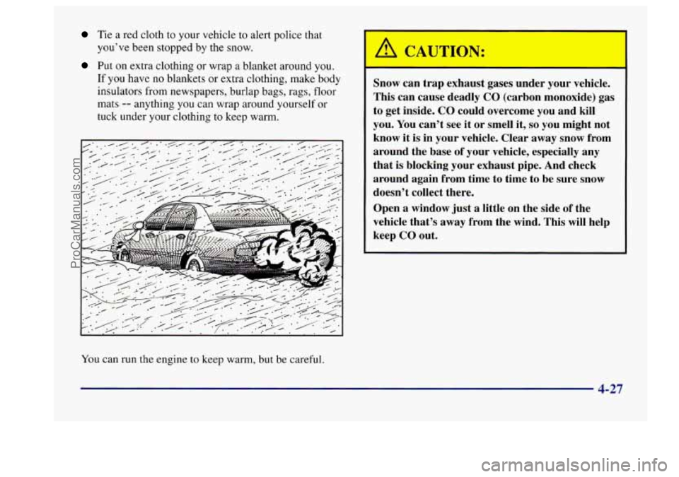 BUICK CENTURY 1997  Owners Manual Tie a red  cloth  to  your vehicle  to  alert  police that 
you’ve been  stopped by the  snow. 
Put on extra  clothing  or  wrap a blanket around you. 
If  you  have  no blankets  or  extra  clothin