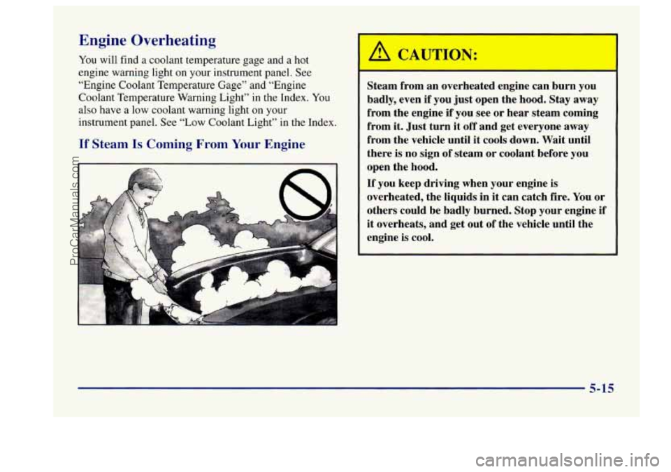 BUICK CENTURY 1997  Owners Manual Engine Overheating 
You will  find  a  coolant  temperature  gage and a hot 
engine  warning  light on your  instrument  panel.  See 
“Engine Coolant Temperature Gage” and “Engine 
Coolant Tempe