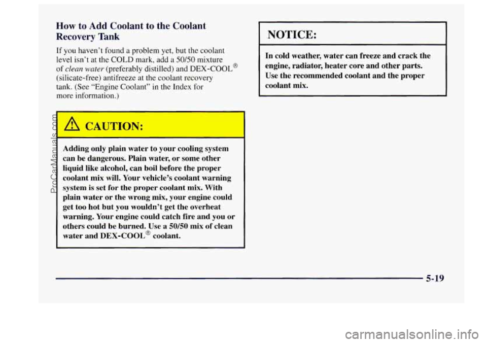BUICK CENTURY 1997  Owners Manual How to Add Coolant to the  Coolant 
Recovery  Tank 
If  you  haven’t found  a problem yet, but the  coolant 
level  isn’t at the 
COLD mark, add a 50/50 mixture 
of 
clean water (preferably  disti