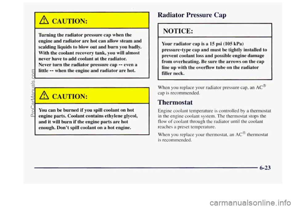 BUICK CENTURY 1997  Owners Manual Radiator  Pressure Cap 
Turning  the  radiator  pressure  cap  when  the 
engine  and  radiator  are  hot  can  allow  steam  and 
scalding  liquids  to  blow  out  and  burn you badly. 
With  the  co