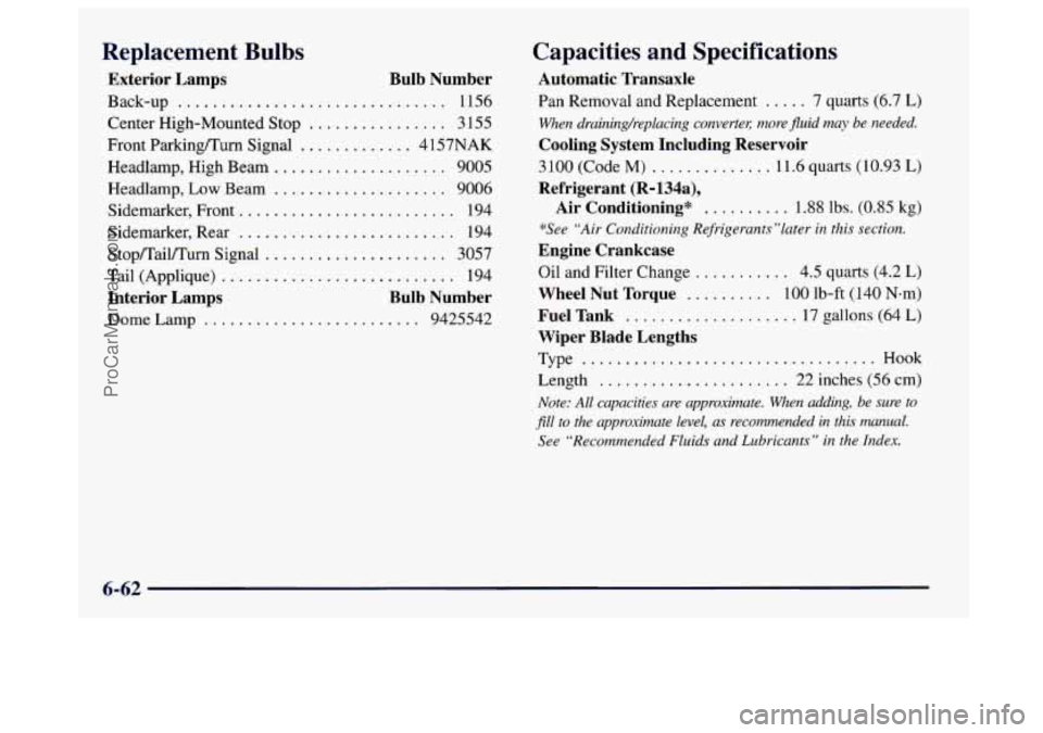 BUICK CENTURY 1997  Owners Manual Replacement  Bulbs 
Exterior  Lamps Bulb  Number 
Back-up ............................... 1156 
Center  High-Mounted  Stop 
................ 3 155 
Front  Parkingnurn  Signal 
............. 4 157NAK 
