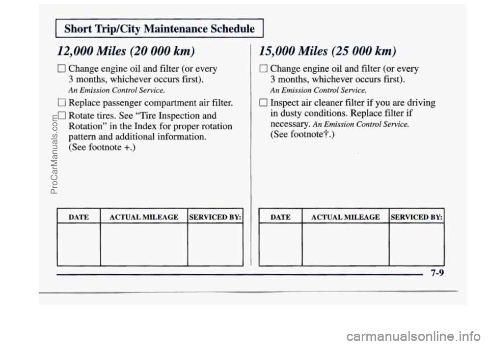 BUICK CENTURY 1997  Owners Manual I Short TripKity  Maintenance  Schedule I 
12,000 Miles (20 000 kmj 
0 Change engine oil  and filter  (or every 
3 months,  whichever  occurs first). 
An Emission  Control Service. 
I7 Replace  passen