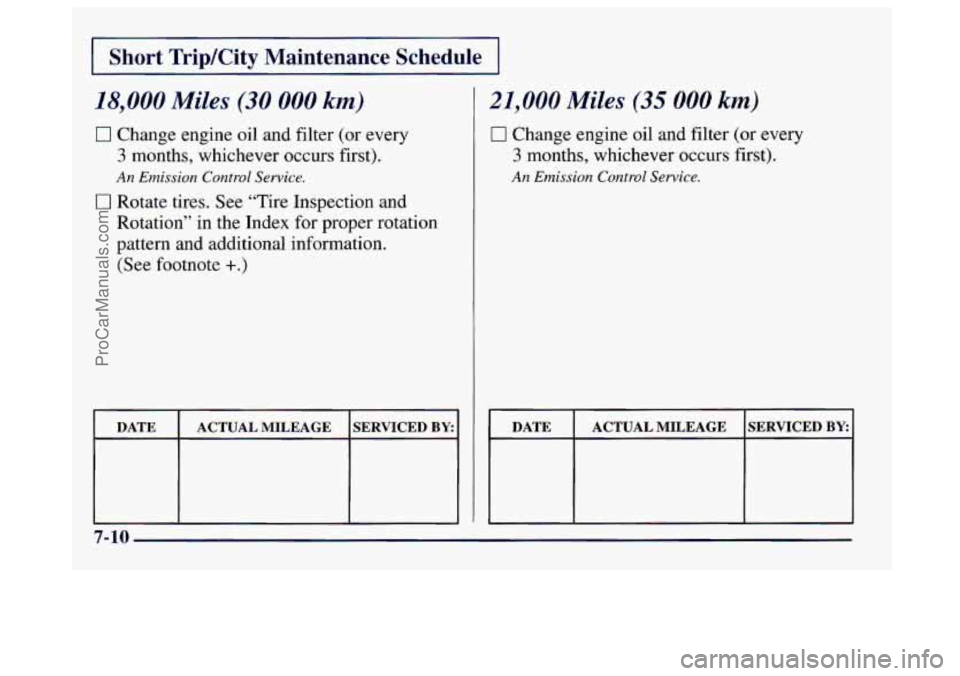 BUICK CENTURY 1997  Owners Manual I Short  Trip/City  Maintenance  Schedule I 
18,000 Miles (30 000 km) 
0 Change  engine oil and  filter  (or  every 
3 months,  whichever  occurs first). 
An Emission Control Service. 
0 Rotate  tires