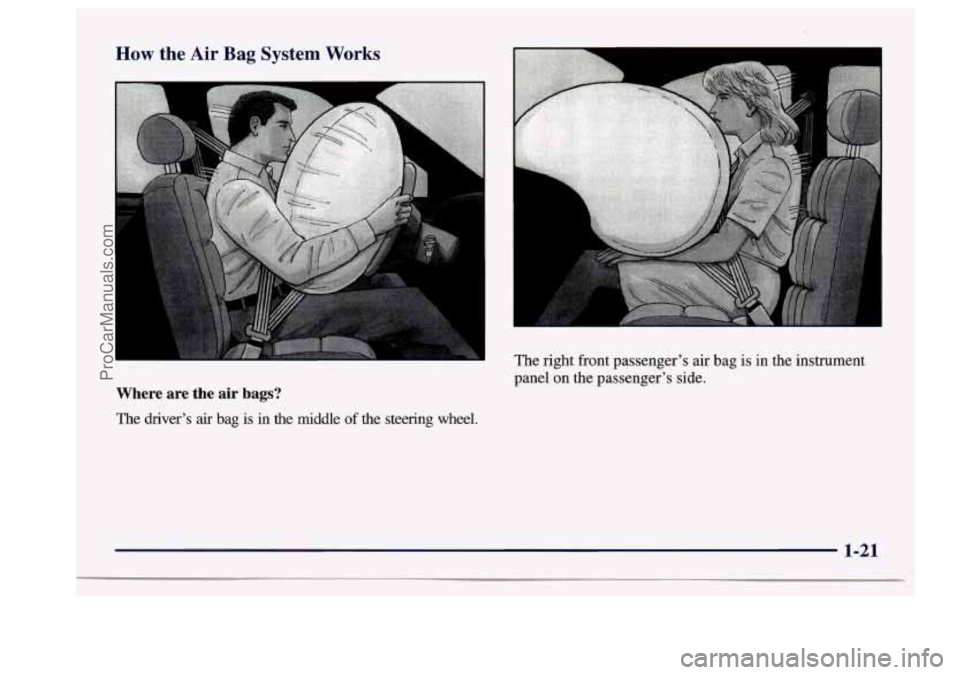 BUICK CENTURY 1997 Owners Guide How the Air Bag System Works
Where are the air bags?
The drivers air bag is in the middle of the steering wheel. The right front passengers air bag is
in the instrument
panel on BUICK CENTURY 1997 Owners Guide How the Air Bag System Works
Where are the air bags?
The drivers air bag is in the middle of the steering wheel. The right front passengers air bag is
in the instrument
panel on