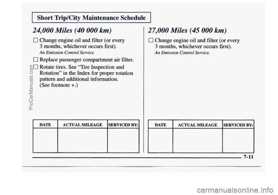 BUICK CENTURY 1997  Owners Manual I Short  Trip/City  Maintenance  Schedule I 
24,000 Miles (40 000 km) 
0 Change engine oil and  filter  (or  every 
3 months,  whichever  occurs first). 
An Emission  Control  Service. 
0 Replace pass