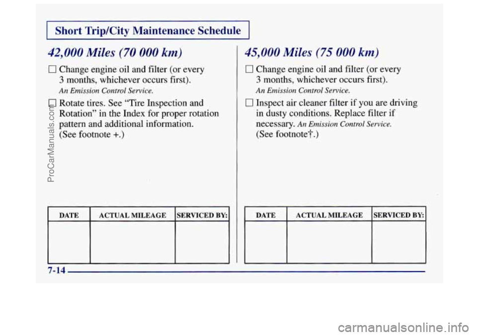 BUICK CENTURY 1997  Owners Manual I Short TripKity  Maintenance  Schedule I 
42,000 Miles (70 000 km) 
0 Change engine oil  and filter  (or  every 
3 months,  whichever  occurs  first). 
0 Rotate  tires. See “Tire  Inspection  and 
