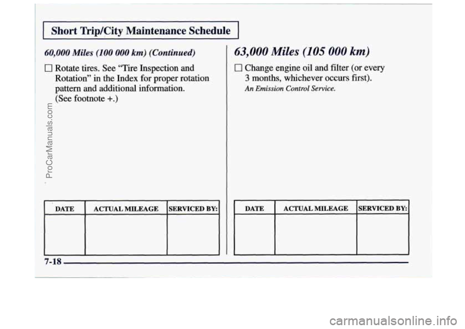 BUICK CENTURY 1997  Owners Manual I Short TripKity  Maintenance  Schedule I 
60,000 Miles (100 000 km) (Continued) 
0 Rotate  tires.  See “Tire  Inspection  and 
Rotation”  in  the Index for  proper  rotation 
pattern  and  additi
