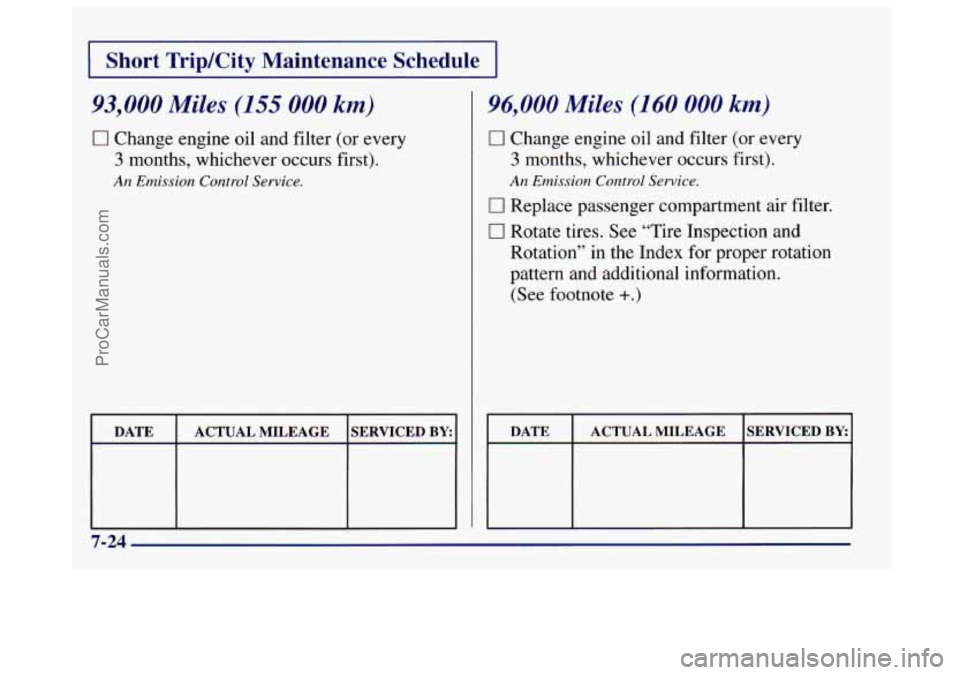 BUICK CENTURY 1997  Owners Manual I Short  Trip/City  Maintenance  Schedule I 
93,000 Miles (155 000 km) 
0 Change engine oil and filter  (or  every 
3 months,  whichever  occurs first). 
An Emission Control Service. 
DATE 
SERVICED B