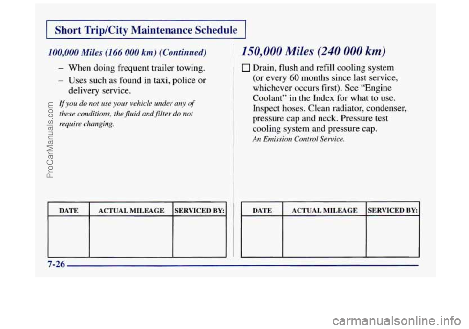 BUICK CENTURY 1997  Owners Manual 1 Short TripKity Maintenance  Schedule 1 
100,000 Miles (166 000 km) (Continued) 
- When  doing frequent trailer  towing. 
- Uses  such  as  found  in  taxi,  police  or 
delivery  service. 
If you do