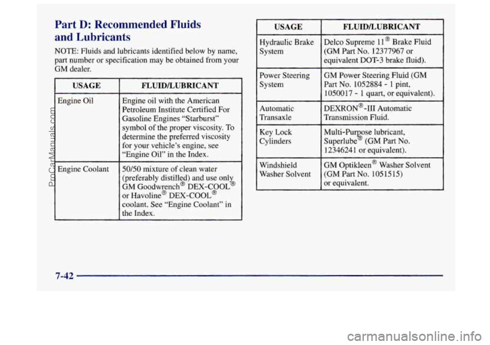 BUICK CENTURY 1997  Owners Manual Part D: Recommended Fluids 
and  Lubricants 
NOTE: Fluids and lubricants identified below by name, 
part number  or specification  may be obtained from your 
GM  dealer. 
USAGE 
Engine  Oil 
Engine Co