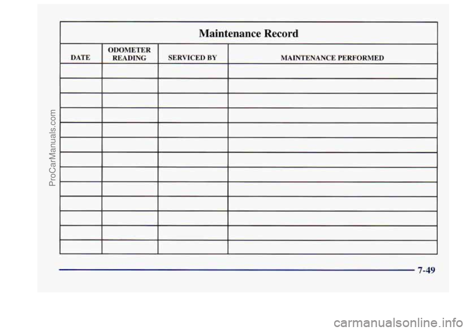 BUICK CENTURY 1997  Owners Manual DATE 
Maintenance  Record 
ODOMETER 1 I 
READING  SERVICED BY MAINTENANCE  PERFORMED 
- ~- 
7-49 
ProCarManuals.com 