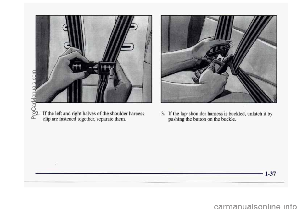 BUICK CENTURY 1997 Workshop Manual 2. If the left and right halves of the shoulder harness 
clip 
are fastened together, separate them. 
3. If  the lap-shoulder  harness is buckled, unlatch  it by 
pushing the button  on the buckle. 
1