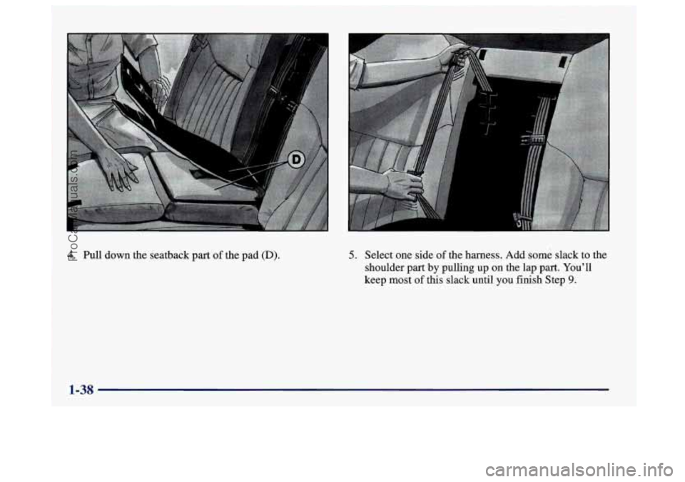BUICK CENTURY 1997 Workshop Manual 4. Pull down the seatback part of the pad (D). 5. Select one side of the harness. Add some slack to the 
shoulder 
part by  pulling  up on the lap part.  You’ll 
keep most 
of this slack until  you 