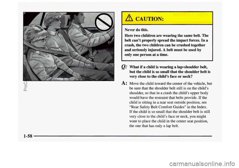 BUICK CENTURY 1997 Manual PDF I 
Never do this. 
Here  two  children are wearing  the same  belt.  The 
belt  can’t  properly spread the impact  forces. 
In a 
crash, the two children can  be crushed together 
and  seriously  in