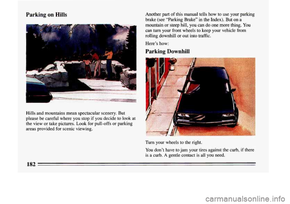 BUICK LESABRE 1993  Owners Manual Parking on Hills 
Hills  and mountains mean  spectacular scenery. But 
please  be careful where  you stop  if  you  decide 
to look at 
the  view  or  take  pictures. Look  for pull-offs  or parking 

