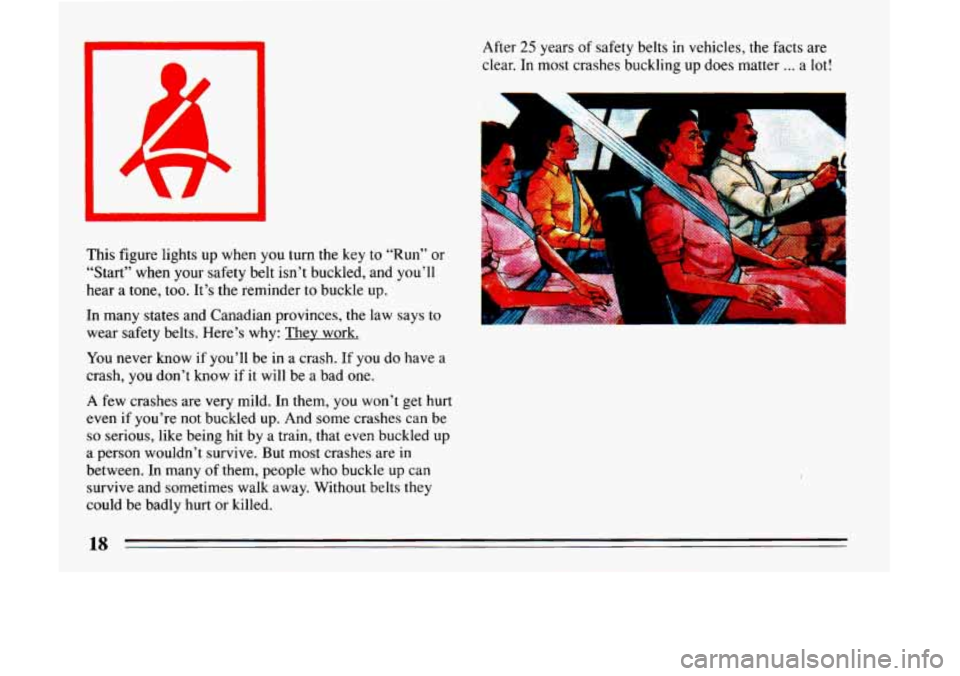 BUICK LESABRE 1993 Owners Manual This figure lights up when you turn the key to “Run” or
“Start” when your safety belt isn’t buckled, and you’ll
hear a tone, too. It’s the reminder to buckle up. BUICK LESABRE 1993 Owners Manual This figure lights up when you turn the key to “Run” or
“Start” when your safety belt isn’t buckled, and you’ll
hear a tone, too. It’s the reminder to buckle up.