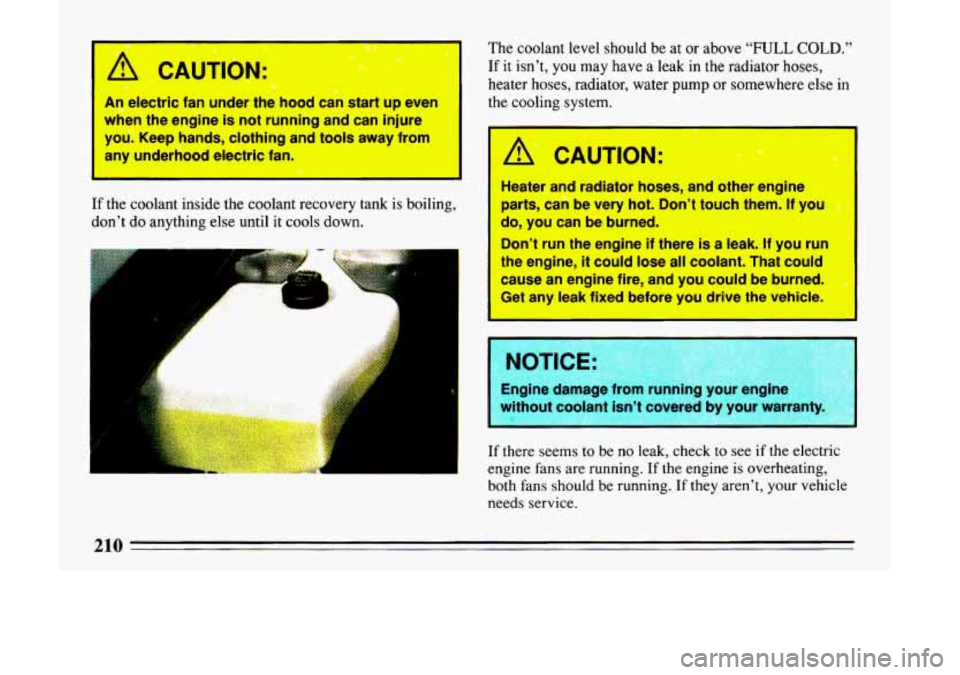 BUICK LESABRE 1993  Owners Manual 0 - e 
A! ek-bic fan under the kod-can start up even 
when the endne is not runniiig and  can  Injure 
yoG. Keep hands, clothing  and tools away from 
any underhood  electric fan. 
I 
If the  coolan