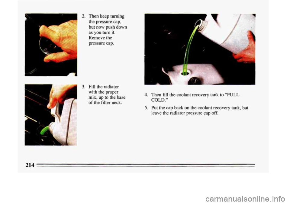 BUICK LESABRE 1993 Owners Manual 2. Then keep turning
the pressure cap,
but now push down
as you turn it.
Remove the
pressure cap.
I
3. Fill the radiator
with the proper
mix, up to the base
of the filler neck.
BUICK LESABRE 1993 Owners Manual 2. Then keep turning
the pressure cap,
but now push down
as you turn it.
Remove the
pressure cap.
I
3. Fill the radiator
with the proper
mix, up to the base
of the filler neck.