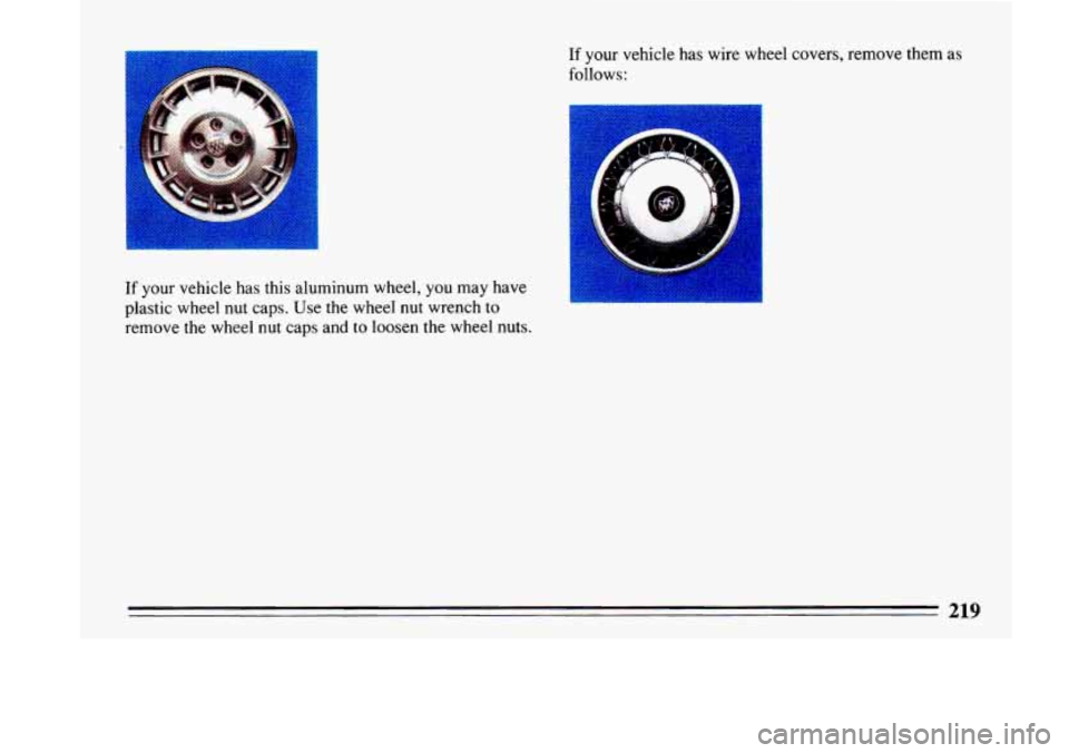 BUICK LESABRE 1993  Owners Manual If  your  vehicle  has  wire  wheel  covers,  remove  them  as 
follows: 
If your  vehicle  has  this  aluminum  wheel,  you  may  have 
plastic  wheel  nut  caps.  Use  the  wheel 
nut wrench  to 
re