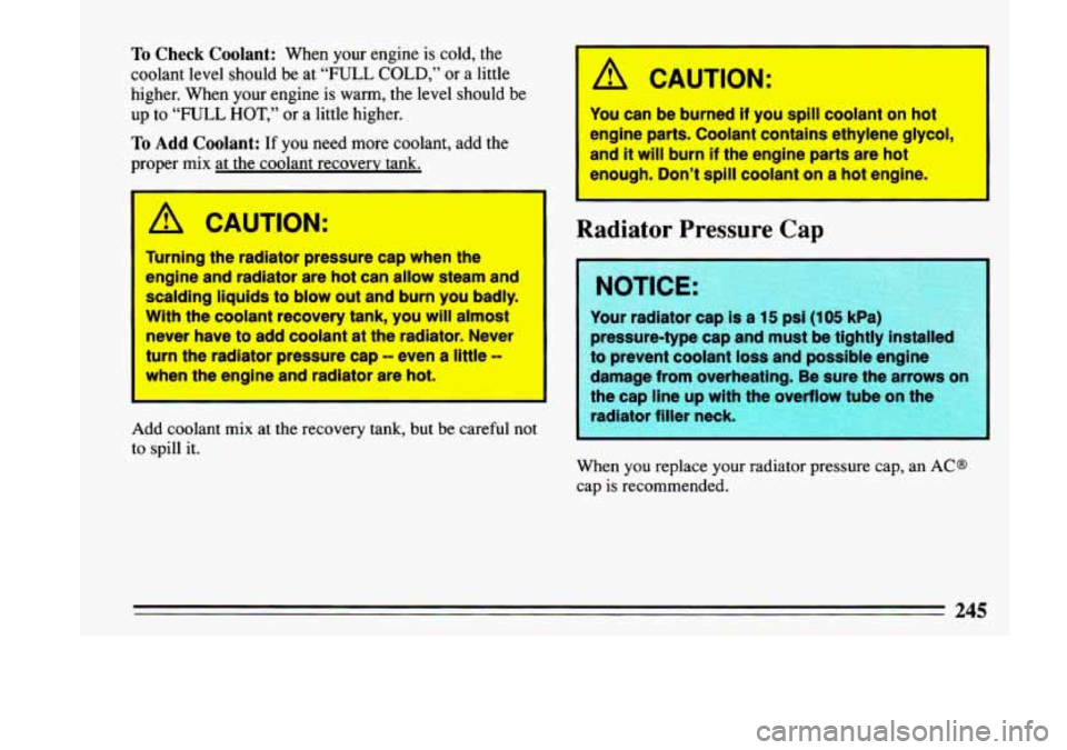 BUICK LESABRE 1993  Owners Manual To Check  Coolant: When  your  engine  is cold, the 
coolant  level  should 
be at “FULL COLD,’’ or  a  little 
higher.  When  your  engine is 
warm, the  level  should  be 
up to “FULL HOT,