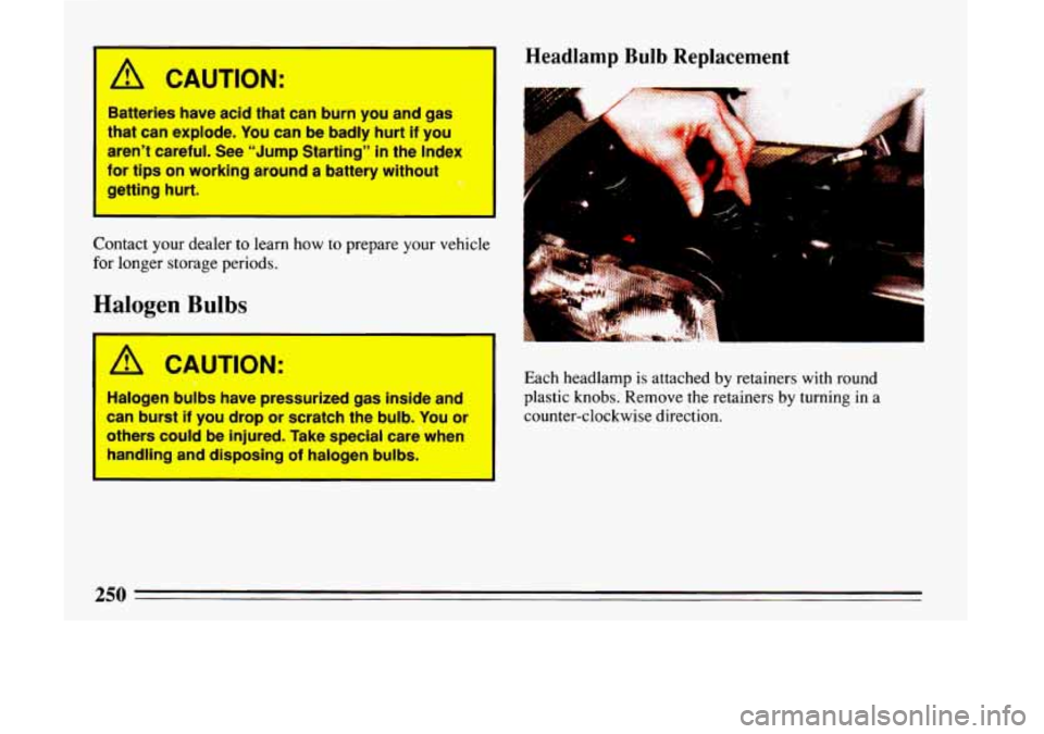 BUICK LESABRE 1993  Owners Manual A CAUTION: 
Batteries  have  acid  that  can  burn  you  and  gas 
that  can  explode.  You  can  be  badly  hurt  if  you 
aren’t  careful.  See 
“Jump Starting”  in  the  Index 
for  tips  on 