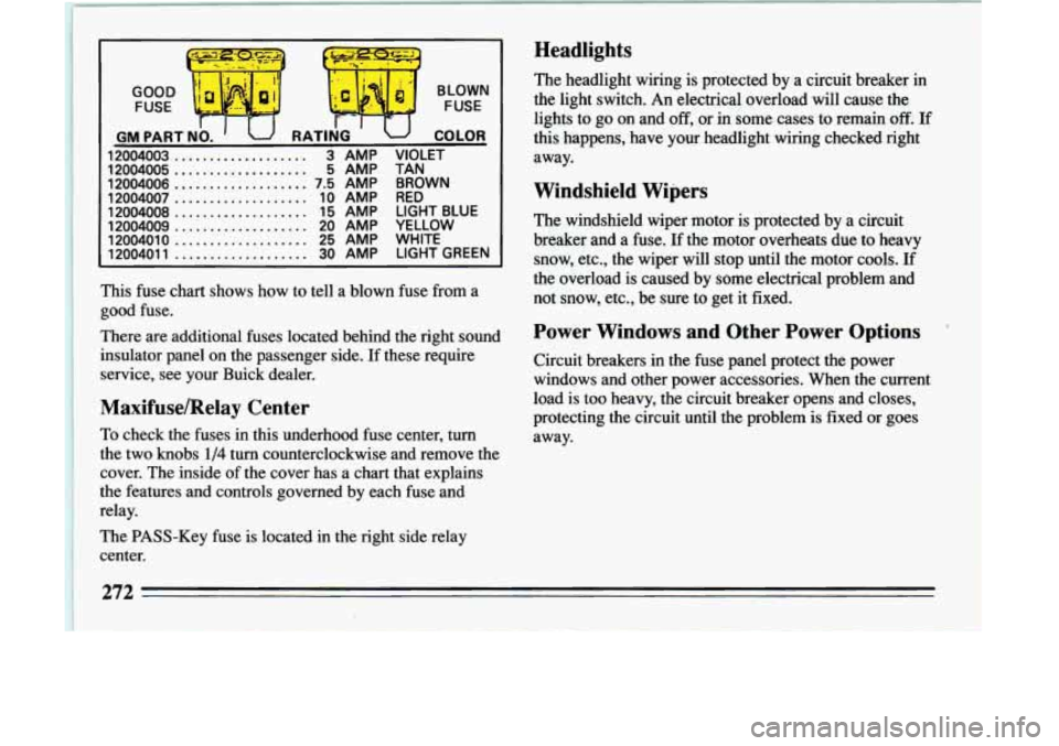 BUICK LESABRE 1993  Owners Manual -.. 
I 7 
GOOD FUSE 
f7-7 6 
FUSE 
GM  PART NO. RATING COLOR 
IIU 
12004003 ................... 3  AMP  VIOLET 
12004005 
................... 5 AMP  TAN 
12004006 
................... 7.5  AMP  BROWN 