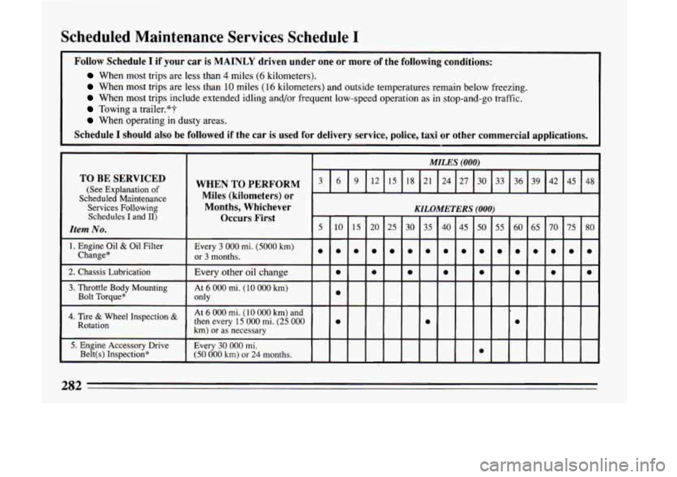 BUICK LESABRE 1993  Owners Manual Scheduled  Maintenance  Services  Schedule I 
Follow  Schedule I if your car is MAINLY  driven  under  one .or  more of the following  conditions: 
When  most  trips are less  than  4 miles  (6 kilome
