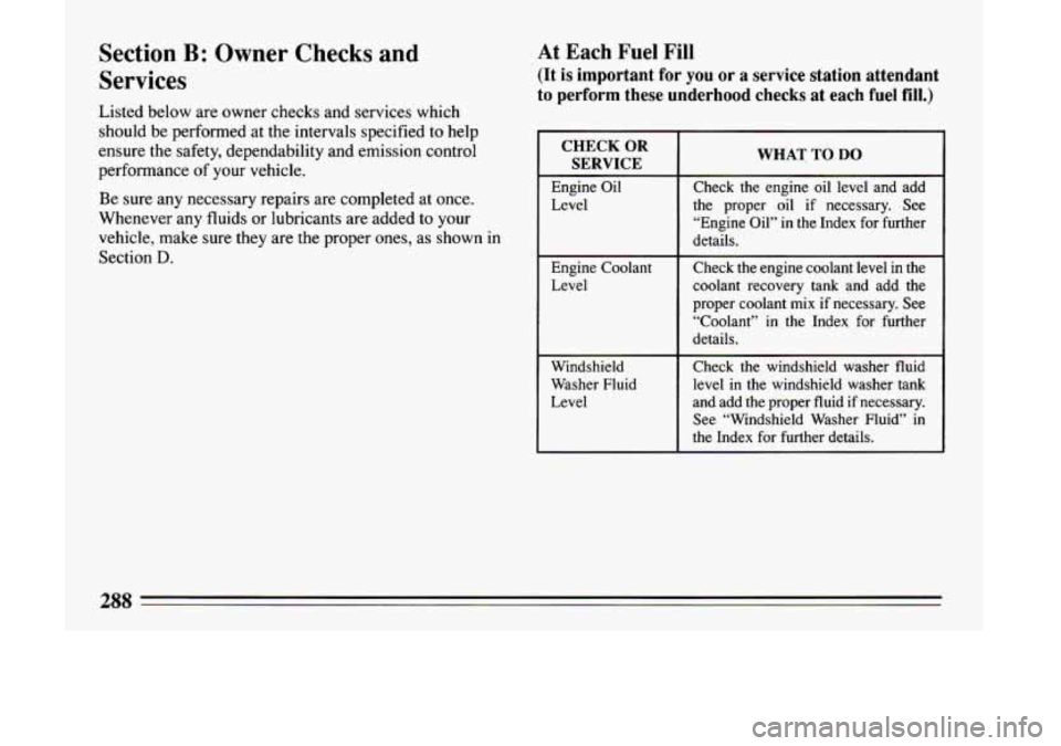 BUICK LESABRE 1993  Owners Manual Section B: Owner  Checks and 
Services 
Listed  below are owner  checks  and  services  which 
should  be  performed 
at the intervals  specified to help 
ensure  the  safety,  dependability  and  emi
