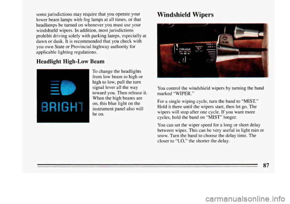 BUICK LESABRE 1993  Owners Manual some  jurisdictions may require that you operate  your 
lower  beam  lamps  with fog  lamps  at all  times,  or  that 
headlamps  be turned  on  whenever  you must 
use your 
windshield  wipers. 
In a