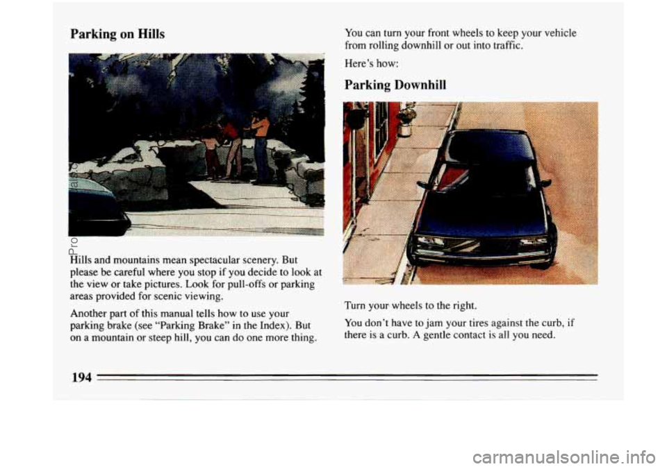 BUICK PARK AVENUE 1993 Owners Manual Parking on Hills
I
You can turn your front wheels to keep your vehicle
from rolling downhill or out into traffic.
Here’s
how:
Parking Downhill
Hills and mountains mean spectacular scenery BUICK PARK AVENUE 1993 Owners Manual Parking on Hills
I
You can turn your front wheels to keep your vehicle
from rolling downhill or out into traffic.
Here’s
how:
Parking Downhill
Hills and mountains mean spectacular scenery
