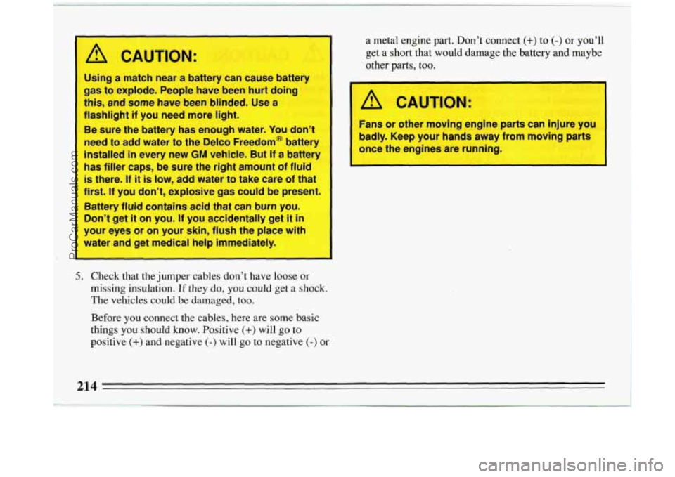 BUICK PARK AVENUE 1993 Owners Manual A CAUTION:
Using a match near a battery can cause battery
gas to explode. People have been hurt doing
this, and some have been blinded. Use a
flashlight if you need more light.
Be sure BUICK PARK AVENUE 1993 Owners Manual A CAUTION:
Using a match near a battery can cause battery
gas to explode. People have been hurt doing
this, and some have been blinded. Use a
flashlight if you need more light.
Be sure
