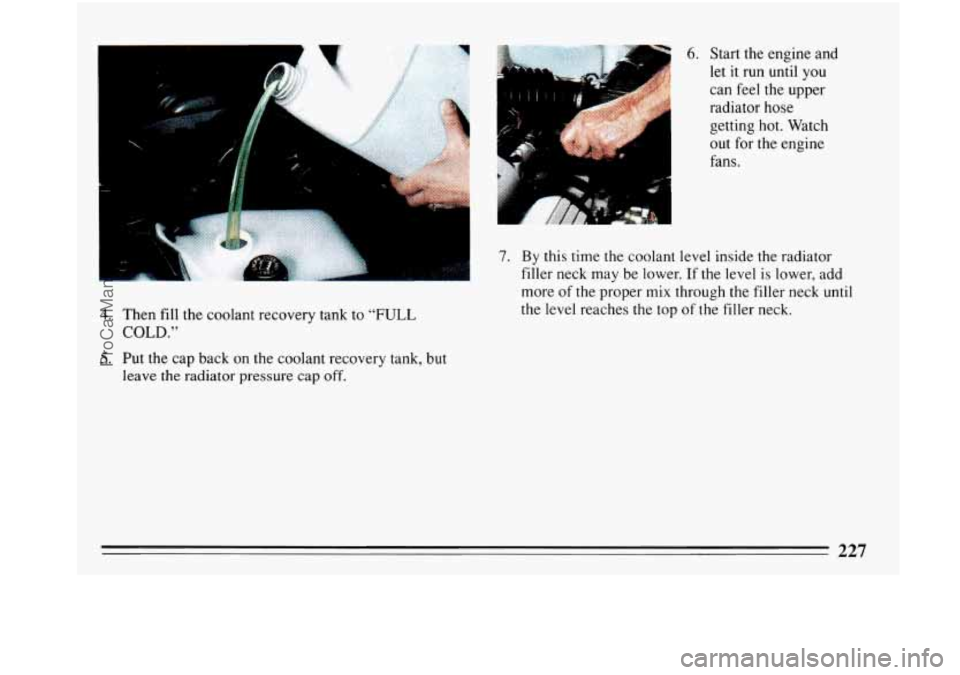 BUICK PARK AVENUE 1993 Owners Manual 4. Then fill the coolant recovery tank to “FULL
COLD.”
6. Start the engine and
let it run until you
can feel the upper
radiator hose
getting hot. Watch
out for the engine
fans.
7 BUICK PARK AVENUE 1993 Owners Manual 4. Then fill the coolant recovery tank to “FULL
COLD.”
6. Start the engine and
let it run until you
can feel the upper
radiator hose
getting hot. Watch
out for the engine
fans.
7
