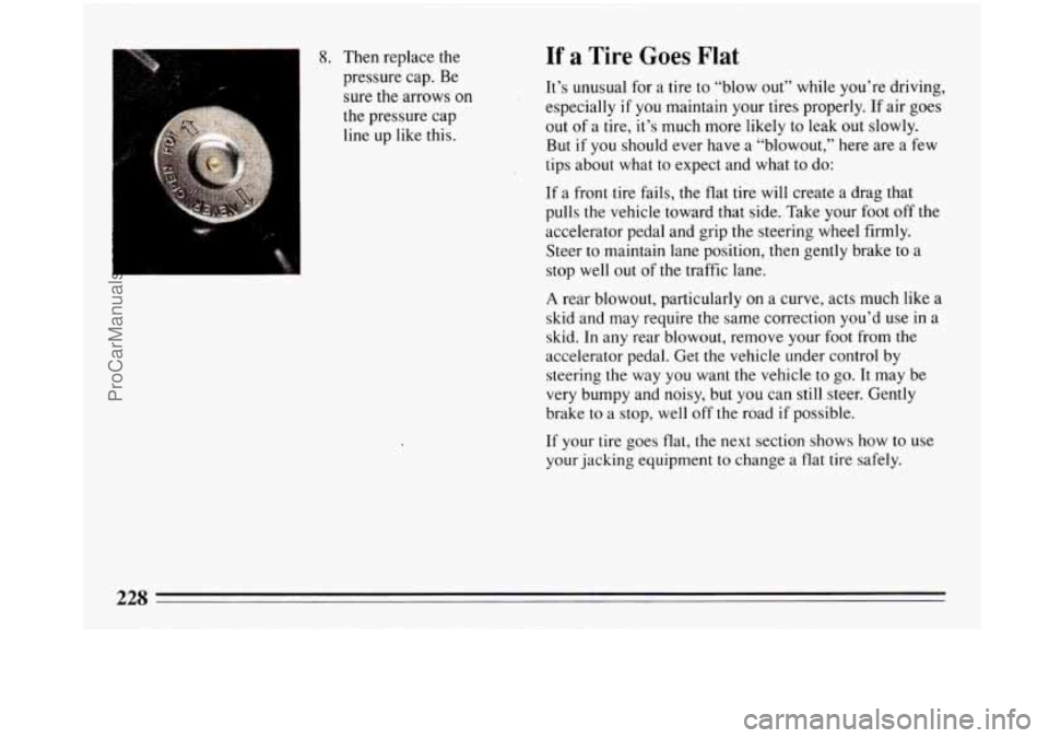 BUICK PARK AVENUE 1993 Owners Manual 8. Then replace the
pressure cap. Be
sure the arrows
on
the pressure cap
line up like this.
If a Tire Goes Flat
It’s unusual for a tire to “blow out” while you’re driving,
espec BUICK PARK AVENUE 1993 Owners Manual 8. Then replace the
pressure cap. Be
sure the arrows
on
the pressure cap
line up like this.
If a Tire Goes Flat
It’s unusual for a tire to “blow out” while you’re driving,
espec