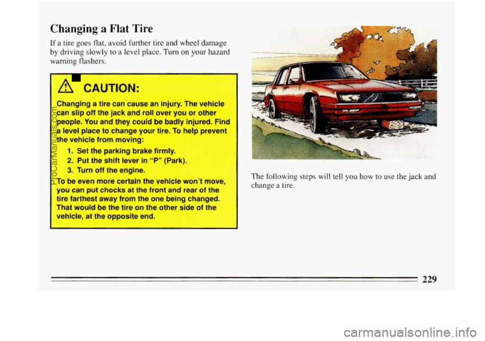 BUICK PARK AVENUE 1993  Owners Manual Changing a Flat Tire 
If a  tire goes flat,  avoid  further  tire  and wheel damage 
by  driving  slowly  to  a  level place. Turn on your hazard 
warning  flashers. 
A CAUTION: 
Changing  a  tire can