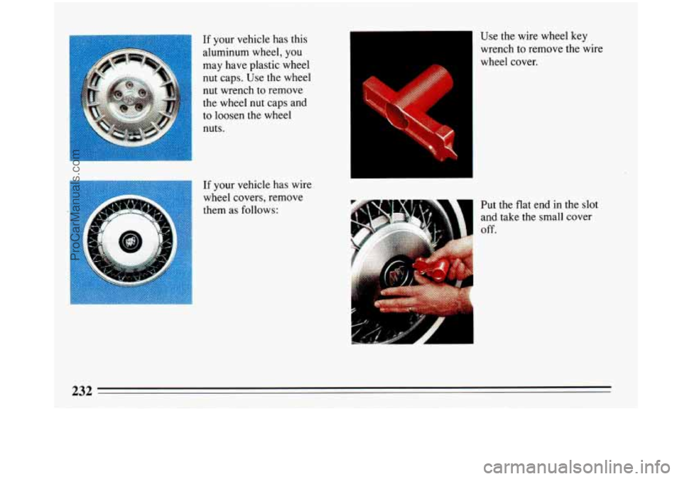 BUICK PARK AVENUE 1993  Owners Manual If your vehicle  has this 
aluminum wheel,  you 
may  have plastic wheel 
nut caps. Use the wheel 
nut wrench  to remove 
the wheel nut  caps and 
to  loosen the wheel 
nuts. 
If your vehicle has wire
