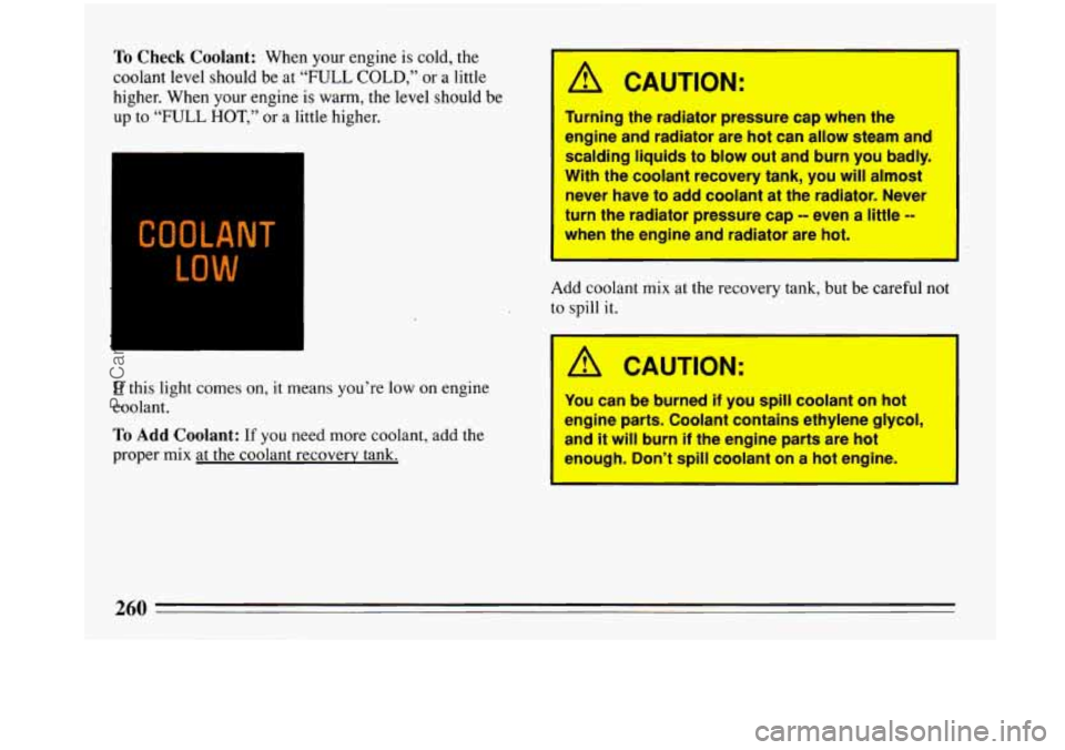 BUICK PARK AVENUE 1993 Owners Manual To Check Coolant: When your engine is cold, the
coolant level should be at
“FULL COLD,” or a little
higher. When your engine is warm, the level should be
up to
“FULL HOT,” or a li BUICK PARK AVENUE 1993 Owners Manual To Check Coolant: When your engine is cold, the
coolant level should be at
“FULL COLD,” or a little
higher. When your engine is warm, the level should be
up to
“FULL HOT,” or a li