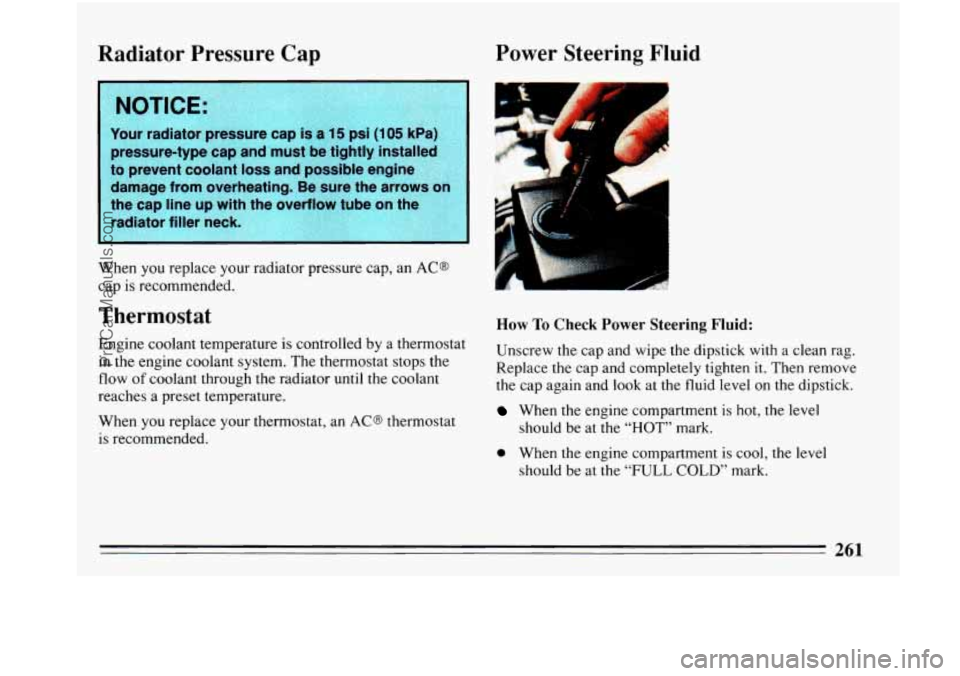 BUICK PARK AVENUE 1993 Owners Manual Radiator Pressure Cap
Your radiator pressure cap is a 15 psi (105 kPa)
pressure-type cap and must be tightly install
to prevent coolant
loss and possible engine
damage from overhea BUICK PARK AVENUE 1993 Owners Manual Radiator Pressure Cap
Your radiator pressure cap is a 15 psi (105 kPa)
pressure-type cap and must be tightly install
to prevent coolant
loss and possible engine
damage from overhea