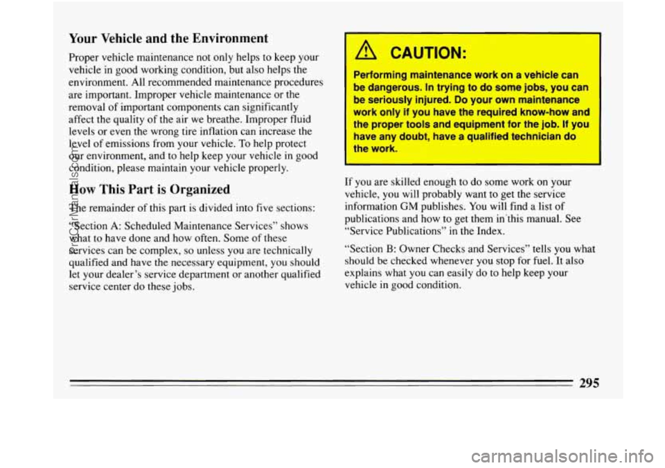 BUICK PARK AVENUE 1993 Owners Manual Your Vehicle and the Environment
Proper vehicle maintenance not only helps to keep your
vehicle
in good working condition, but also helps the
environment. All recommended maintenance proc BUICK PARK AVENUE 1993 Owners Manual Your Vehicle and the Environment
Proper vehicle maintenance not only helps to keep your
vehicle
in good working condition, but also helps the
environment. All recommended maintenance proc