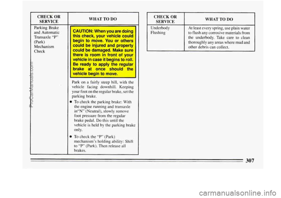 BUICK PARK AVENUE 1993 Owners Manual CHECK OR
SERVICE
Parking Brake
and Automatic
Transaxle
“P”
(Park)
Mechanism
Check
WHAT TO DO
CAUTION: When you are doing
this check, your vehicle could
begin to mowe. You BUICK PARK AVENUE 1993 Owners Manual CHECK OR
SERVICE
Parking Brake
and Automatic
Transaxle
“P”
(Park)
Mechanism
Check
WHAT TO DO
CAUTION: When you are doing
this check, your vehicle could
begin to mowe. You