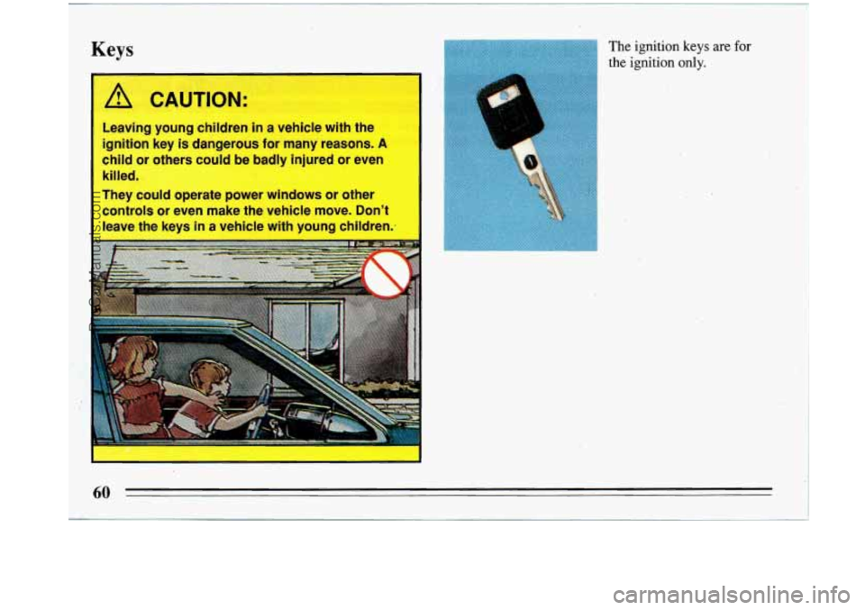 BUICK PARK AVENUE 1993 Repair Manual Keys 
A CAUTION: 
Leaving  young  children  in  a  vehicle  with the -’ ’**,>’’ 
ignition  key is dangerous  for  many  reasons. A 
child or others  could  be badly  injured  or  even 
killed.