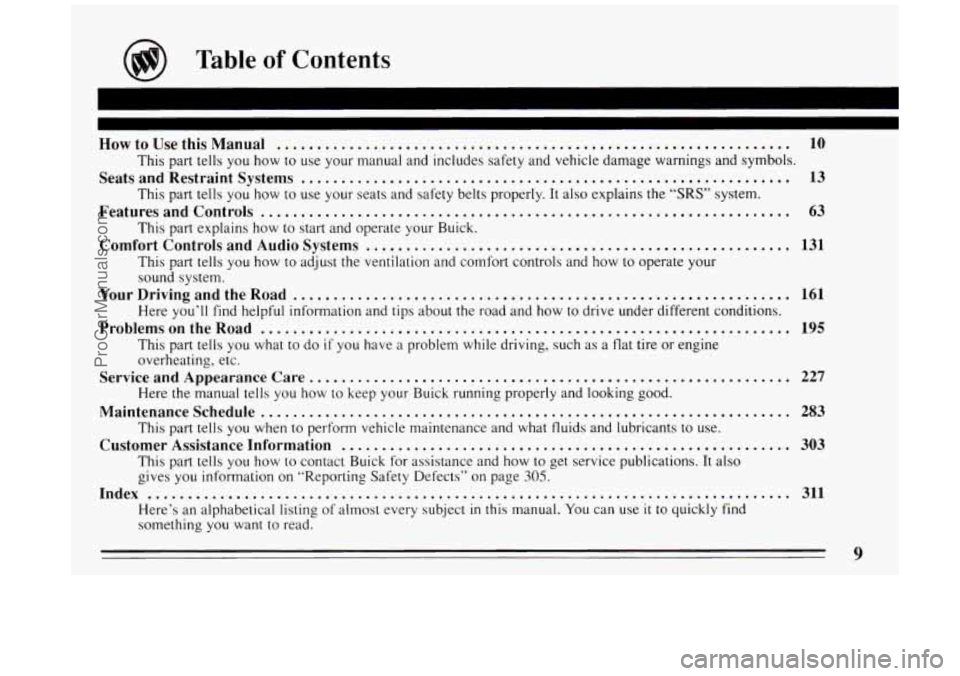 BUICK PARK AVENUE 1994 User Guide Table of Contents 
How to Use this Manual ................................................................ 10 
This  part  tells  you how  to  use  your  manual  and  includes  safety  and  vehicle  d