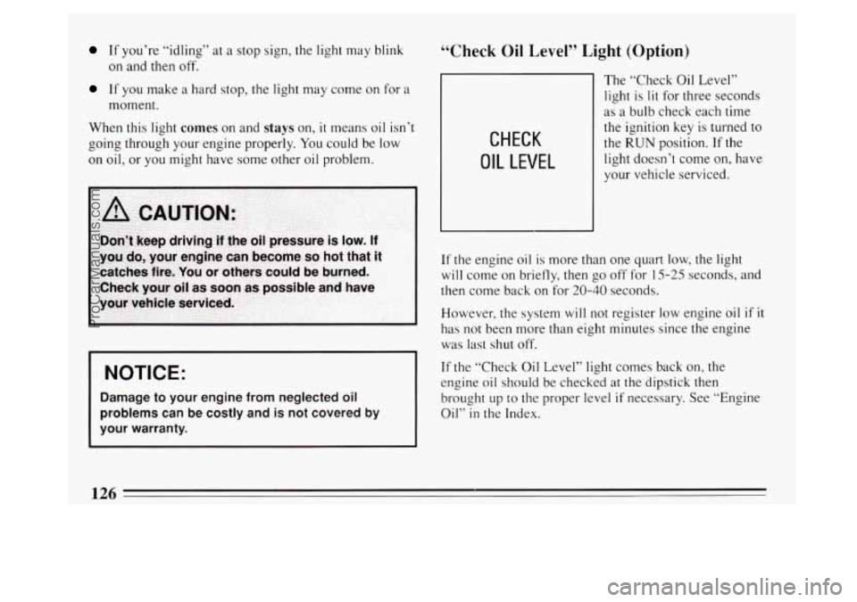 BUICK PARK AVENUE 1994  Owners Manual If you’re “idling” at  a  stop sign, the light  may blink 
on and then off. 
If you make  a hard  stop,  the light  may come on for  a 
moment. 
When  this light 
comes on and stays on, it means
