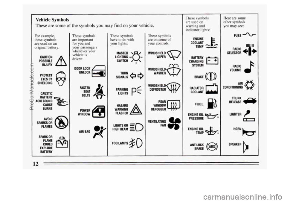 BUICK PARK AVENUE 1994 User Guide Vehicle Symbols 
These are  some of the symbols you may find on your vehicle. 
For example, 
these symbols  are  used  on  an 
original battery: 
POSSIBLE A 
CAUTION 
INJURY 
PROTECT  EYES  BY 
SHIELD