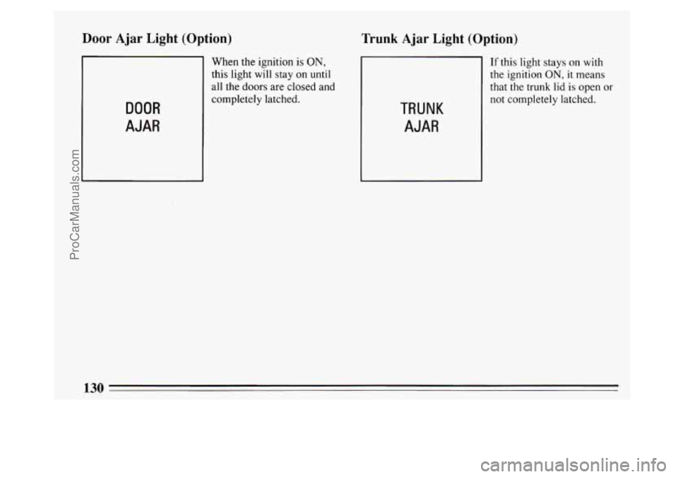 BUICK PARK AVENUE 1994  Owners Manual Door Ajar Light  (Option) Trunk Ajar Light (Option) 
DOOR 
AJAR 
When the ignition  is ON, 
this light will stay  on  until 
all 
the doors are  closed and 
completely latched. 
TRUNK 
AJAR 
If this l